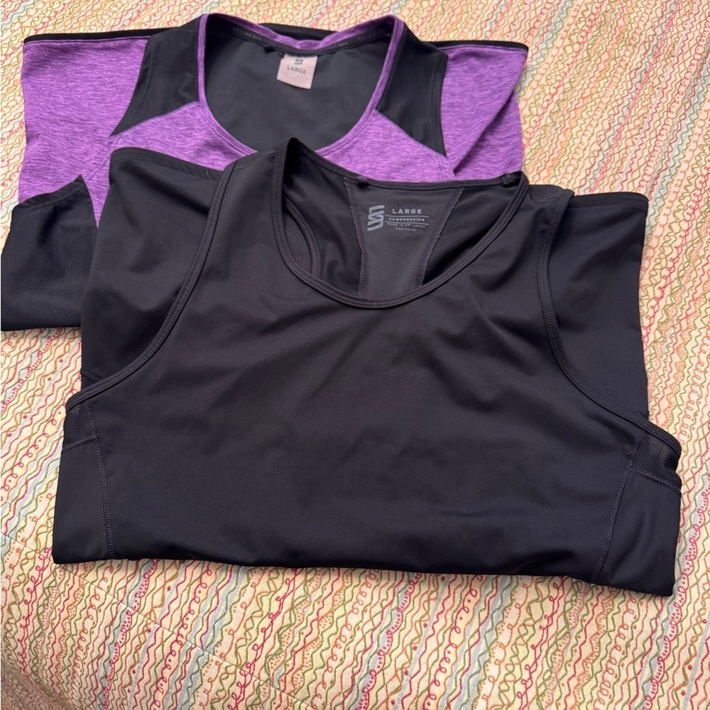 Two Second Skin workout tops. Both size Large. Black compression top purple yoga